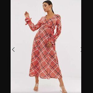 ASOS DESIGN Maxi Dress 0 Wrap Textured Check Sheer Slit Fall Photoshoot Party